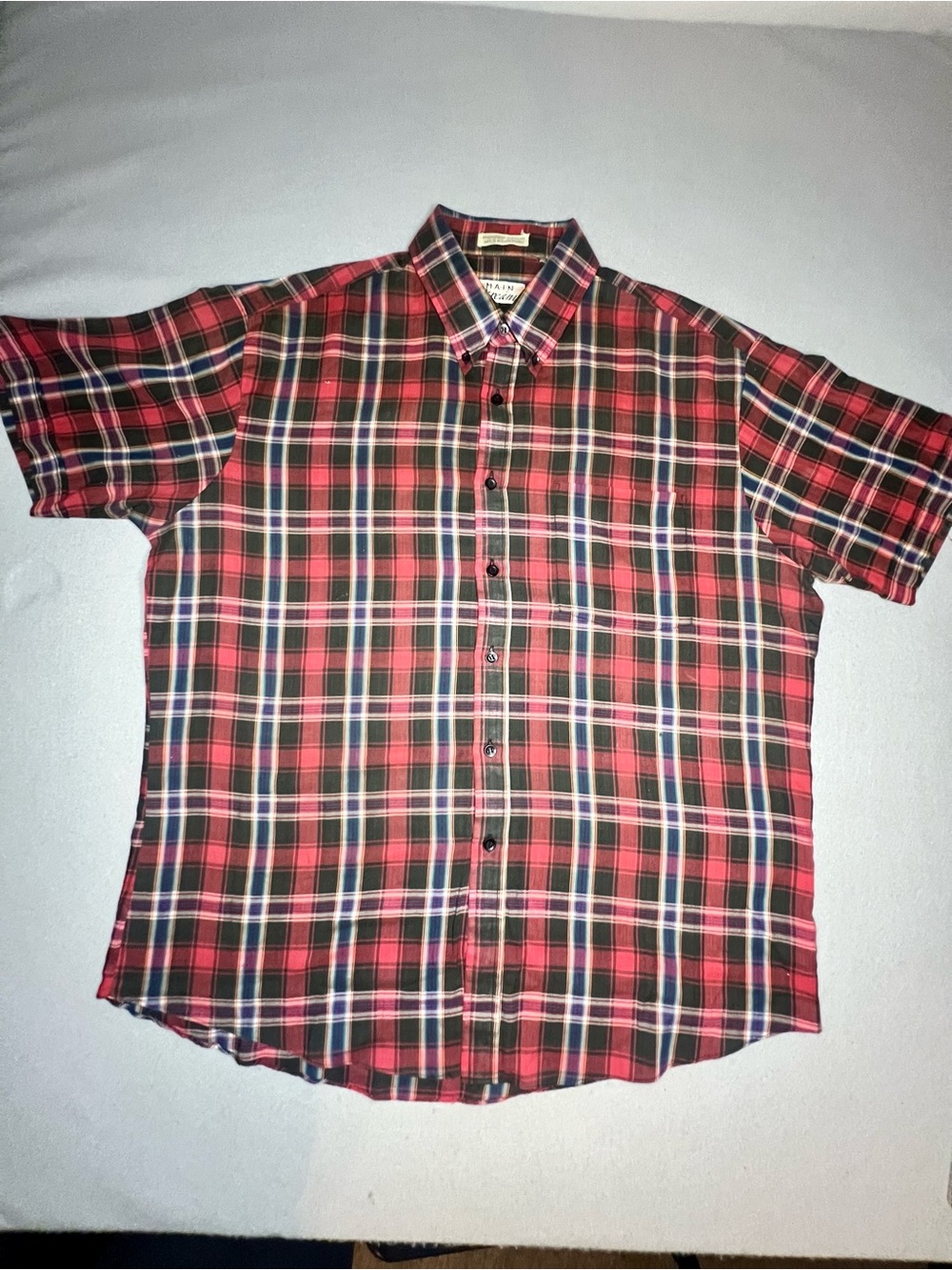 Vintage Main Stream Men's Short Sleeve Plaid Button-Down Shirt Red Black Blue XL